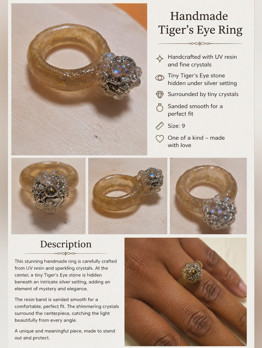 Handmade Silver Tiger's Eye Ring with Crystal Setting